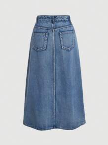 SHEIN MOD Overlap Waist Split Thigh Denim Skirt, Fall Women Clothes - Medium Wash - View 2