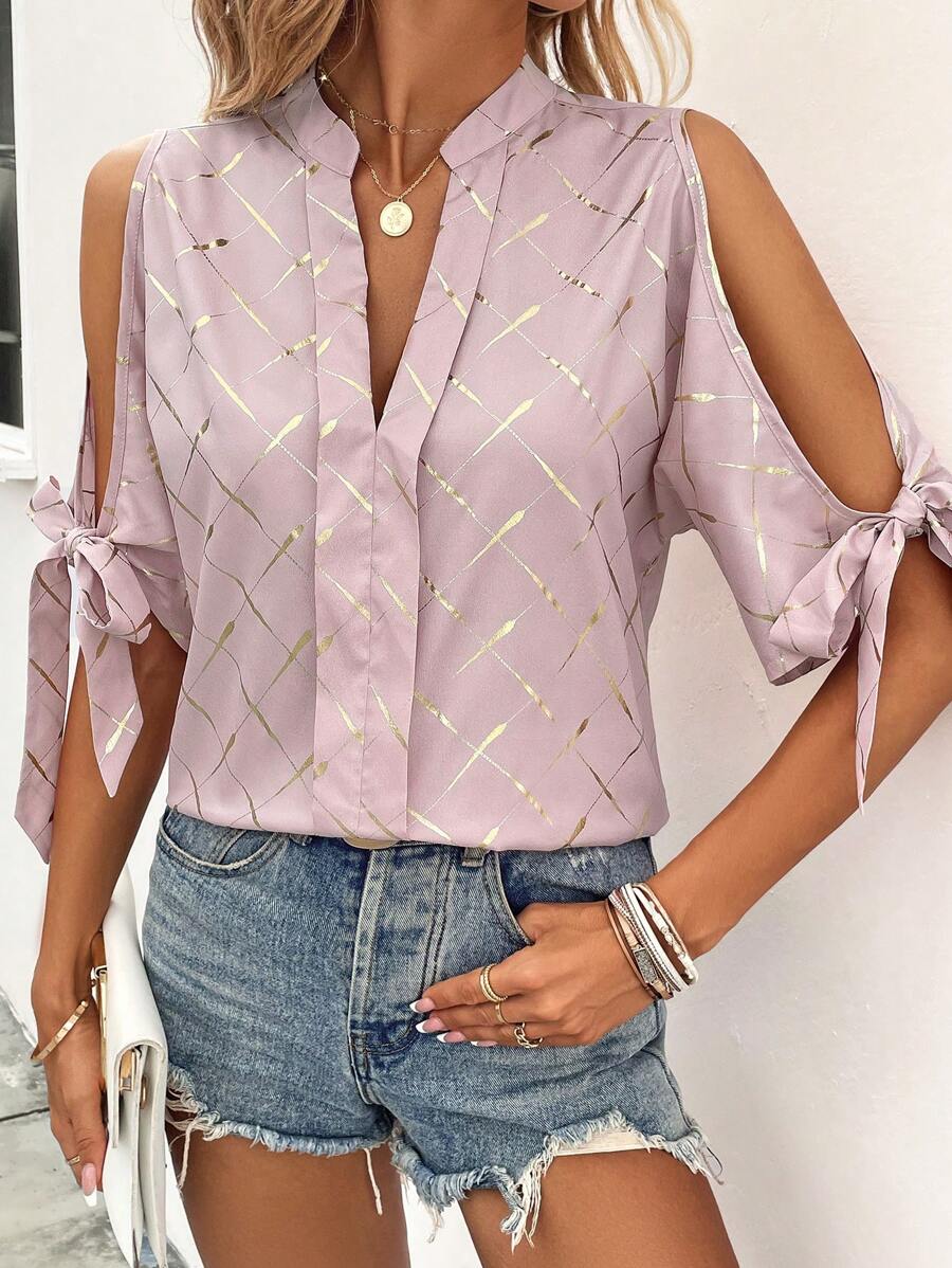 SHEIN LUNE Plaid Print Knot Cuff Blouse - Multicolor - View 1