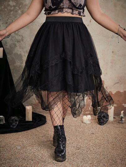 Goth Talla grande Falda con encaje en contraste con malla