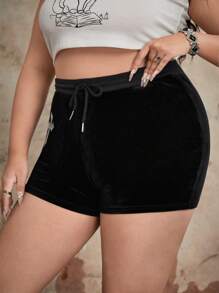 ROMWE Grunge Punk Plus Rhinestone Cross Pattern Drawstring Waist Velvet Shorts, School - Black - View 4