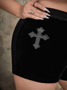 ROMWE Grunge Punk Plus Rhinestone Cross Pattern Drawstring Waist Velvet Shorts, School - Black - View 5