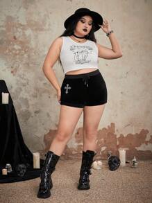 ROMWE Grunge Punk Plus Rhinestone Cross Pattern Drawstring Waist Velvet Shorts, School - Black - View 6