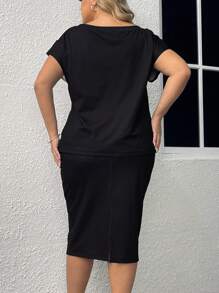 SHEIN Clasi 優雅假紐扣撞色大碼兩件套裝 - 黑與白 - 查看 2