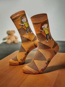 Rick and Morty | ROMWE 女性字母人像圖案中筒襪 - 黃色 - 查看 2