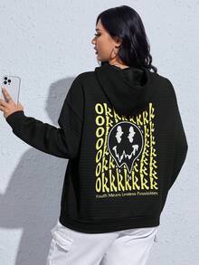 SHEIN EZwear 加大码卡通字母图案落肩卫衣 - 黑色 - 查看 2