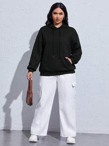 SHEIN EZwear 加大码卡通字母图案落肩卫衣 - 黑色 - 查看 4