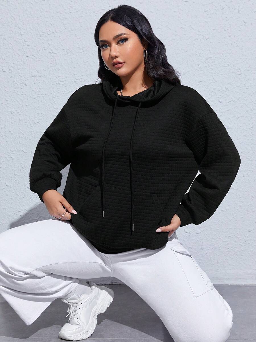 SHEIN EZwear 加大码卡通字母图案落肩卫衣 - 黑色 - 查看 1