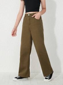 SHEIN Tween Girl Solid Wide Leg Jeans - Army Green - View 4