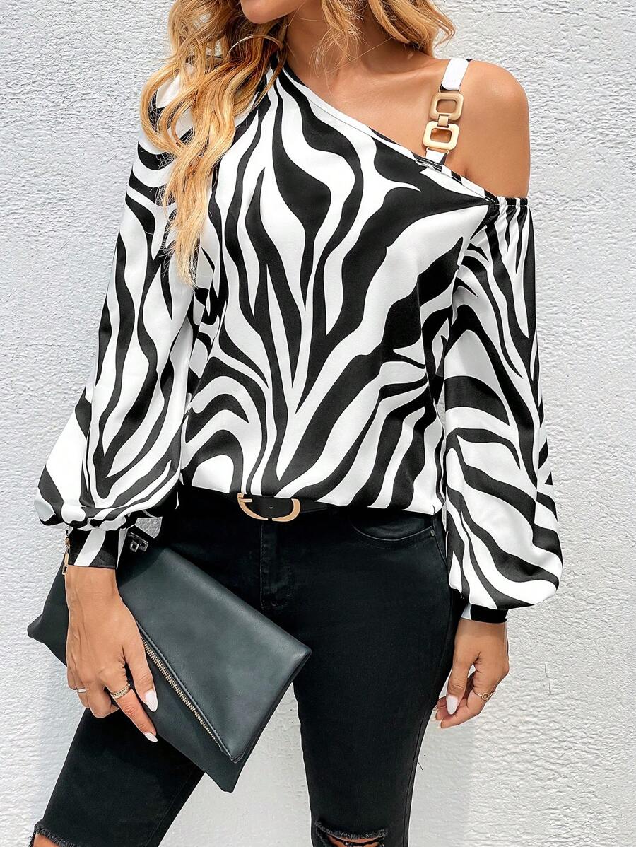 SHEIN LUNE 斑馬條紋鏈條細節不對稱領燈籠袖襯衫 - 黑與白 - 查看 1