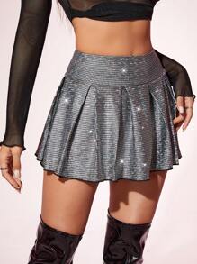 SHEIN ICON 高腰金屬亮絲百褶半身裙 - 銀色 - 查看 6