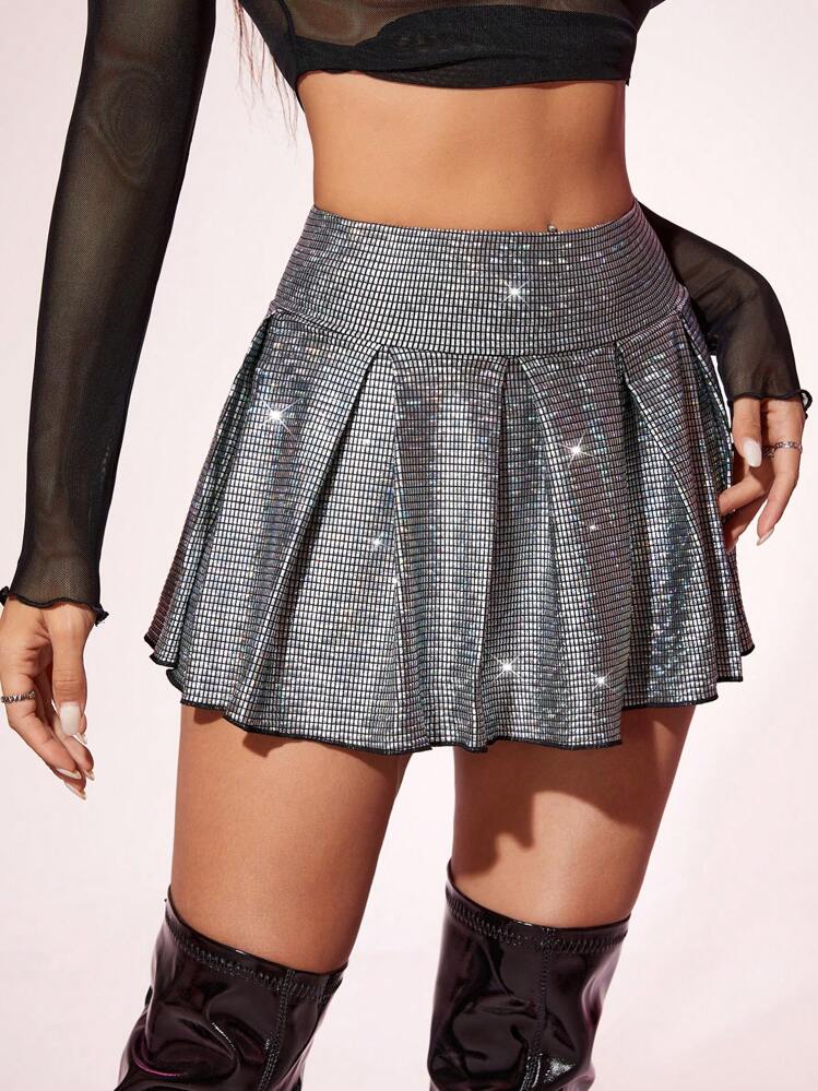 SHEIN ICON Jupe Plissée Taille Haute Scintillant - Argent - Voir 6
