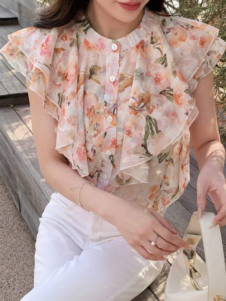 Floral Print Ruffle Trim Button Front Blouse Fall Vacation Outfits Women Easter Boho