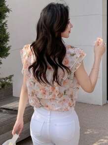 DAZY 花卉印花荷叶边纽扣前襟衬衫，秋季度假女装 - 彩色 - 查看 2