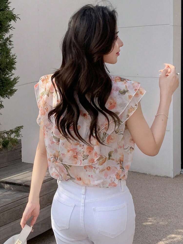 Floral Print Ruffle Trim Button Front Blouse Fall Vacation Outfits Women Easter Boho