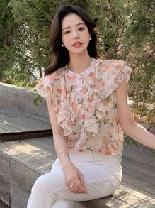 DAZY 花卉印花荷叶边纽扣前襟衬衫，秋季度假女装 - 彩色 - 查看 5