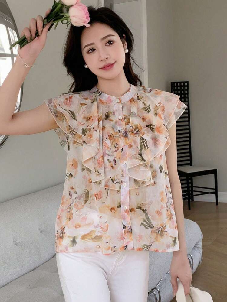 Floral Print Ruffle Trim Button Front Blouse Fall Vacation Outfits Women Easter Boho
