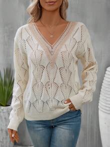 SHEIN VCAY Guipure Lace Panel Pointelle Knit Drop Shoulder Sweater - Apricot - View 4
