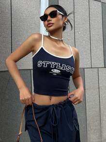 DAZY Letter Graphic Contrast Binding Cami Top - Navy Blue - View 7