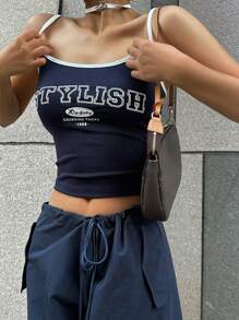 DAZY Letter Graphic Contrast Binding Cami Top - Navy Blue - View 1