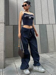 DAZY Letter Graphic Contrast Binding Cami Top - Navy Blue - View 6