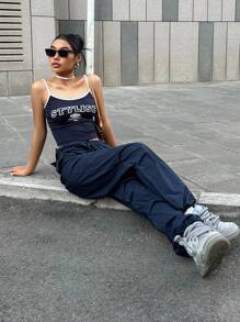 DAZY Letter Graphic Contrast Binding Cami Top - Navy Blue - View 8