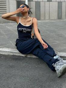 DAZY Letter Graphic Contrast Binding Cami Top - Navy Blue - View 4