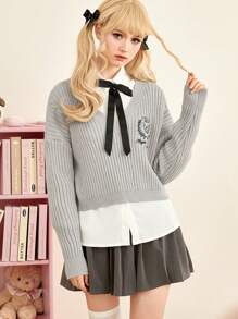 ROMWE J-Fashion Letter Pattern Drop Shoulder Sweater Without Blouse - Light Grey - View 1