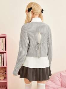 ROMWE J-Fashion Letter Pattern Drop Shoulder Sweater Without Blouse - Light Grey - View 4