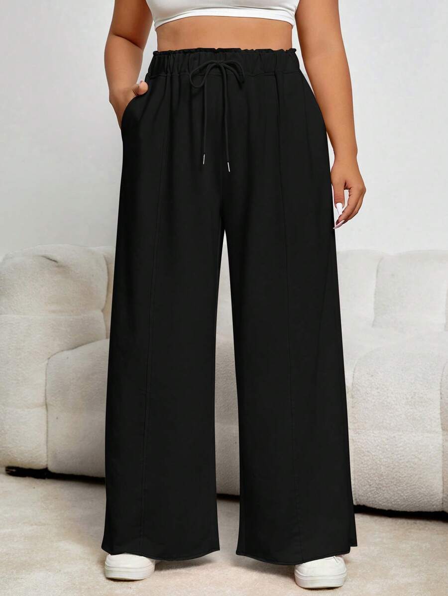 SHEIN EZwear Hơn Eo dây rút Quần ống rộng - màu đen - Xem 1