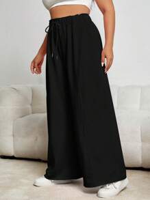 SHEIN EZwear Hơn Eo dây rút Quần ống rộng - màu đen - Xem 3