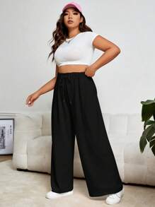 SHEIN EZwear Hơn Eo dây rút Quần ống rộng - màu đen - Xem 4