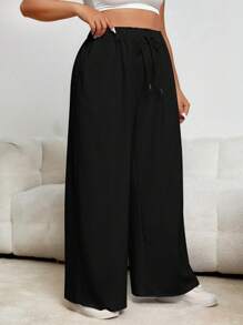 SHEIN EZwear Hơn Eo dây rút Quần ống rộng - màu đen - Xem 5