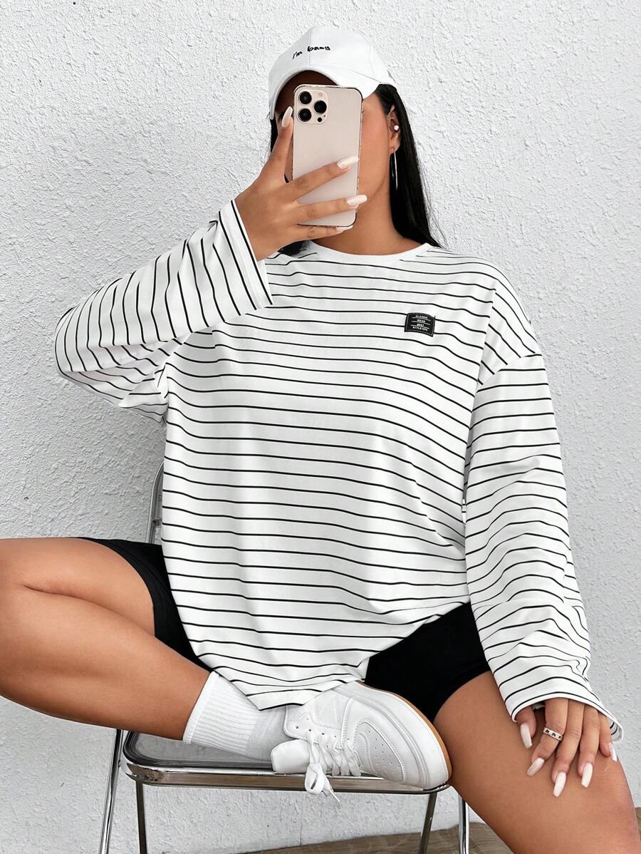Muchica Plus Striped Print Drop Shoulder Tee - White - View 1