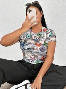 SHEIN EZwear 大碼報紙印花網紗上衣 - 彩色 - 查看 2