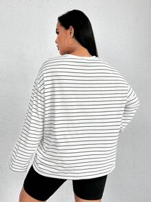 Muchica Plus Striped Print Drop Shoulder Tee - White - View 2