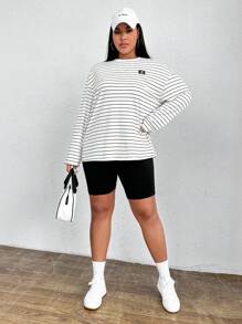 Muchica Plus Striped Print Drop Shoulder Tee - White - View 6
