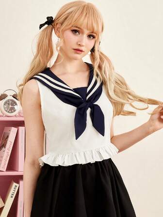 J-Fashion Sailor Collar Ruffle Hem Blouse