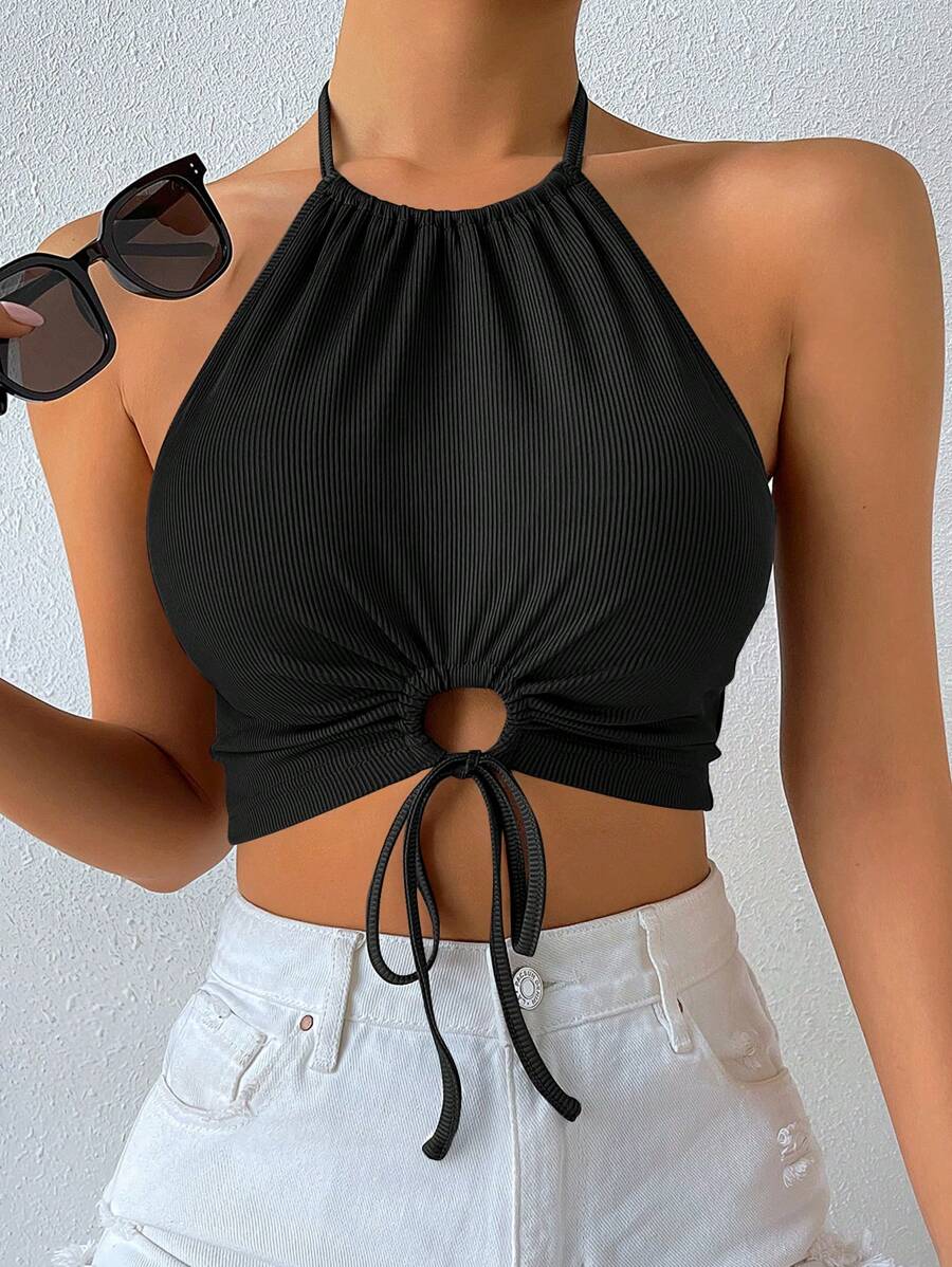 Breezaya Mặt trước dây rút Ca-vát Backless Áo Crop Halter - màu đen - Xem 1