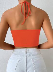 Chiquease Drawstring Front Tie Backless Crop Halter Top - Orange - View 2