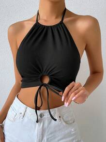 Breezaya Mặt trước dây rút Ca-vát Backless Áo Crop Halter - màu đen - Xem 4