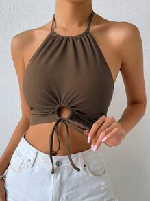 Breezaya 前抽繩後背繫帶繞頸短上衣 - 咖啡棕 - 查看 5