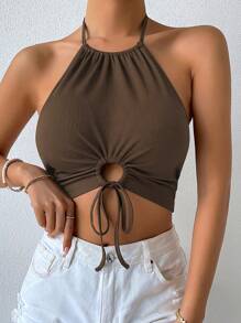 Breezaya 前抽繩後背繫帶繞頸短上衣 - 咖啡棕 - 查看 6