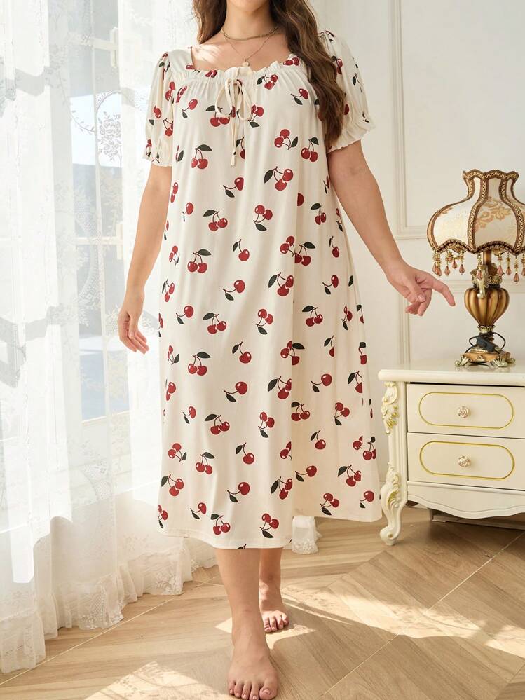 Camisón de noche de vestido largo con estampado de cerezas y nudo delantero, talla grande - Albaricoque - Añade 1