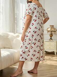 Plus Cherry Print Knot Front Pajama Nightdress, Long Dress