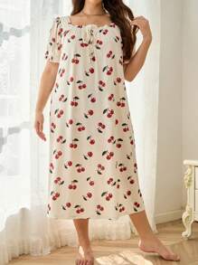 Plus Cherry Print Knot Front Pajama Nightdress, Long Dress