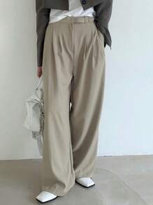 DAZY 拼接細節闊腿西裝褲 - 卡其色 - 查看 1