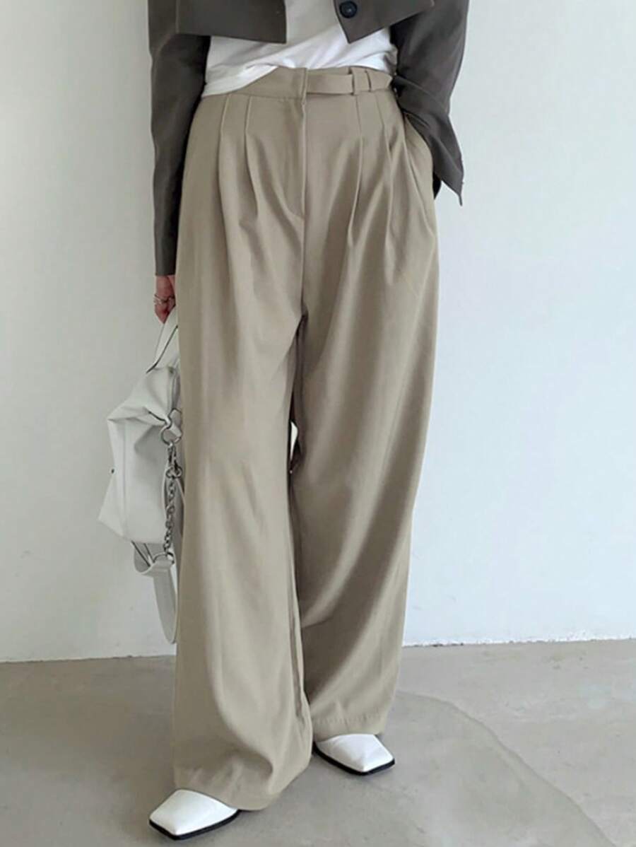 DAZY 拼接細節闊腿西裝褲 - 卡其色 - 查看 1