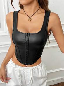 SHEIN EZwear Hook and Eye Front Curved Hem PU Leather Tank Top - Black - View 1