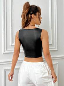 SHEIN EZwear Hook and Eye Front Curved Hem PU Leather Tank Top - Black - View 2