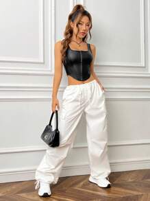 SHEIN EZwear Hook and Eye Front Curved Hem PU Leather Tank Top - Black - View 4
